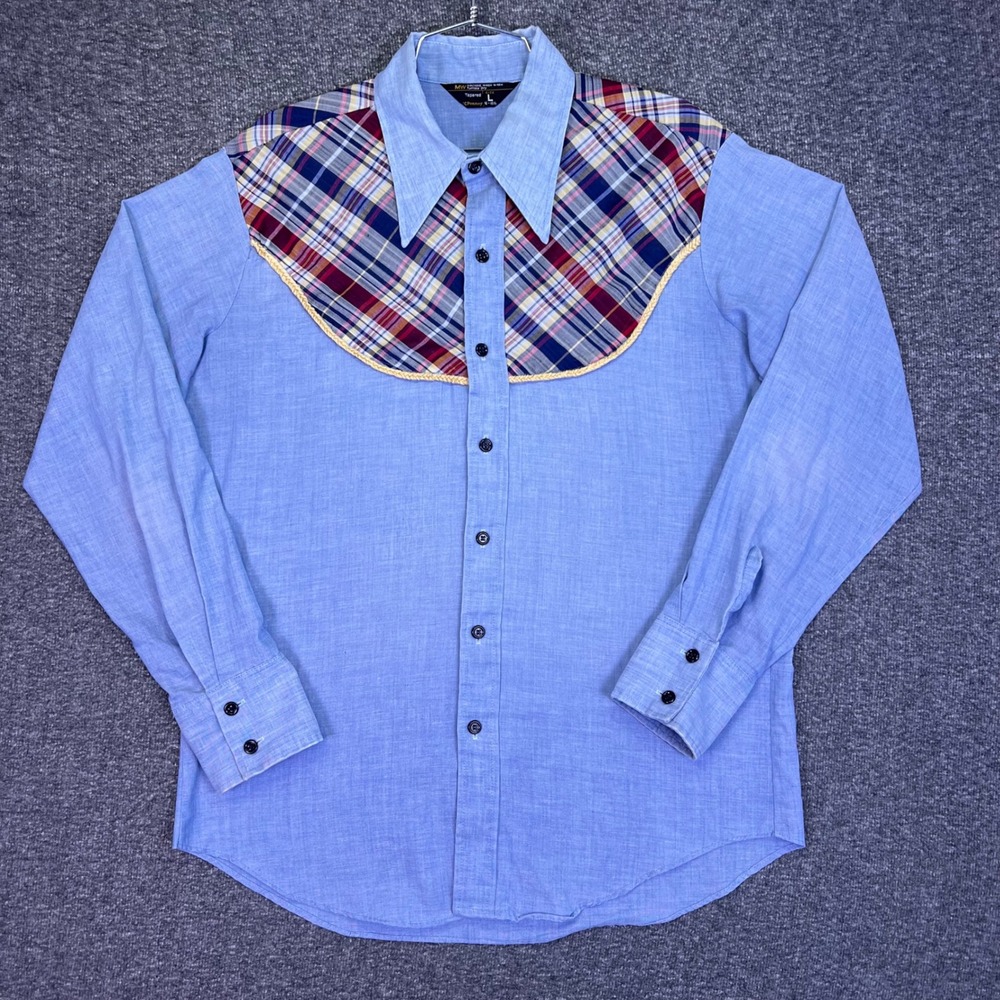 JC Penney Western Shirt Mens L Blue Plaid Yoke Vintage 70s Tapered Casual Trim